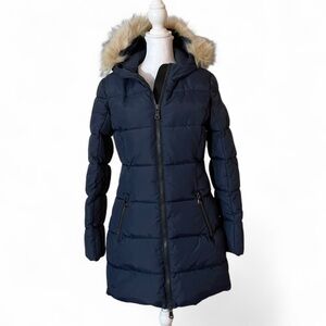 Pajar Long Quilted Puffer Navy Blue Parka Coat w/ Faux Fur Trim size 18